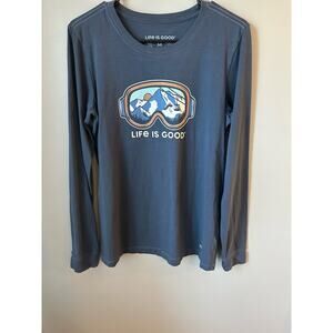 Life is Good Women’s Crusher Tshirt Long Sleeve Ski Goggle Mountain Graphic